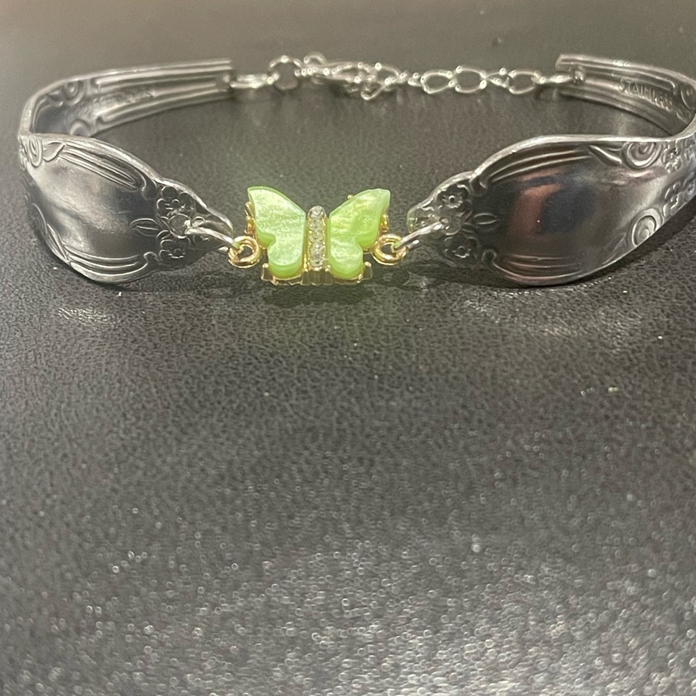Silver Bracelet with Green Butterfly Charm made from vintage silverware handmade